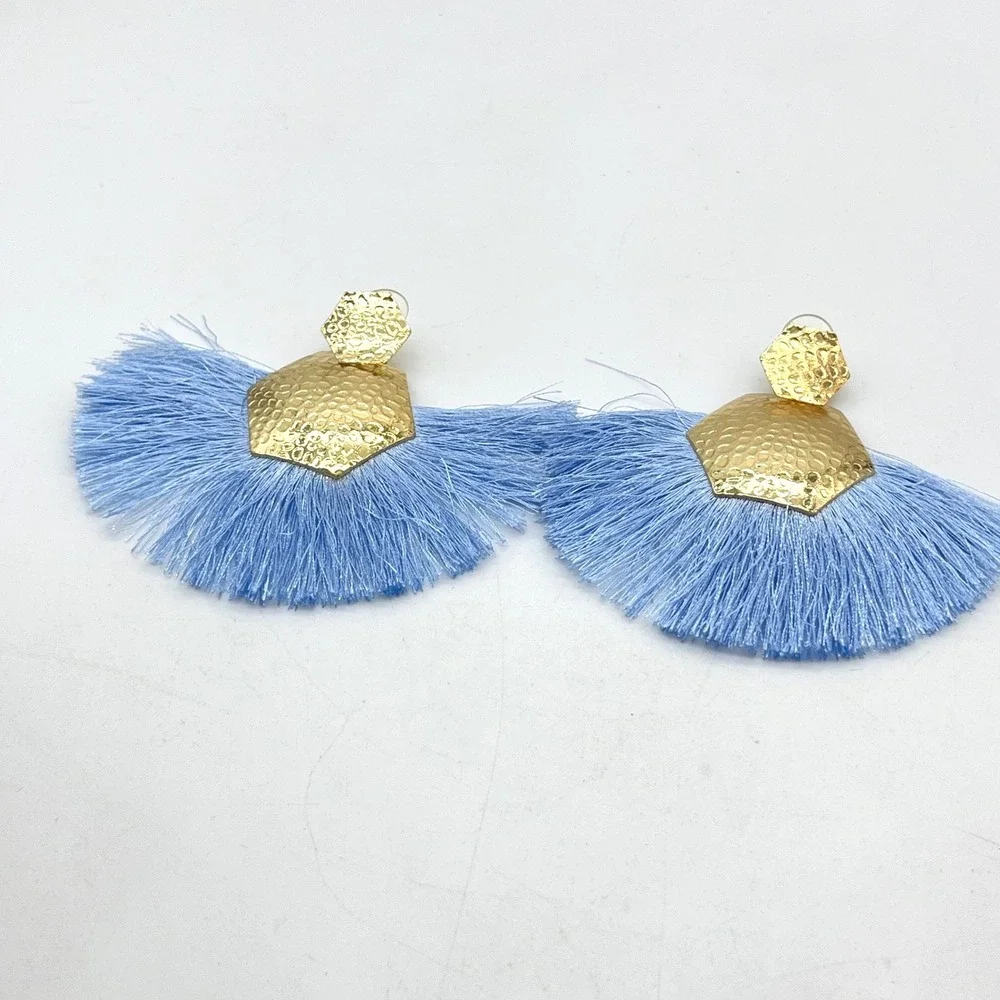 Hammered Gold Geometric Light‎ Blue Fan Tassel Statement Earrings Boho Drop